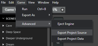 The Export Project Source option in GB Studio.